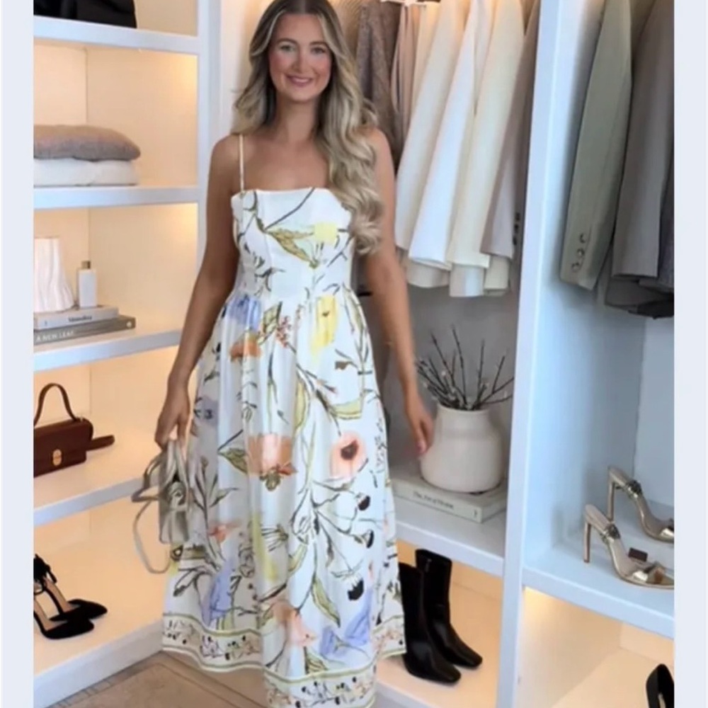 H&M White Floral Spaghetti-Strap Midi Dress